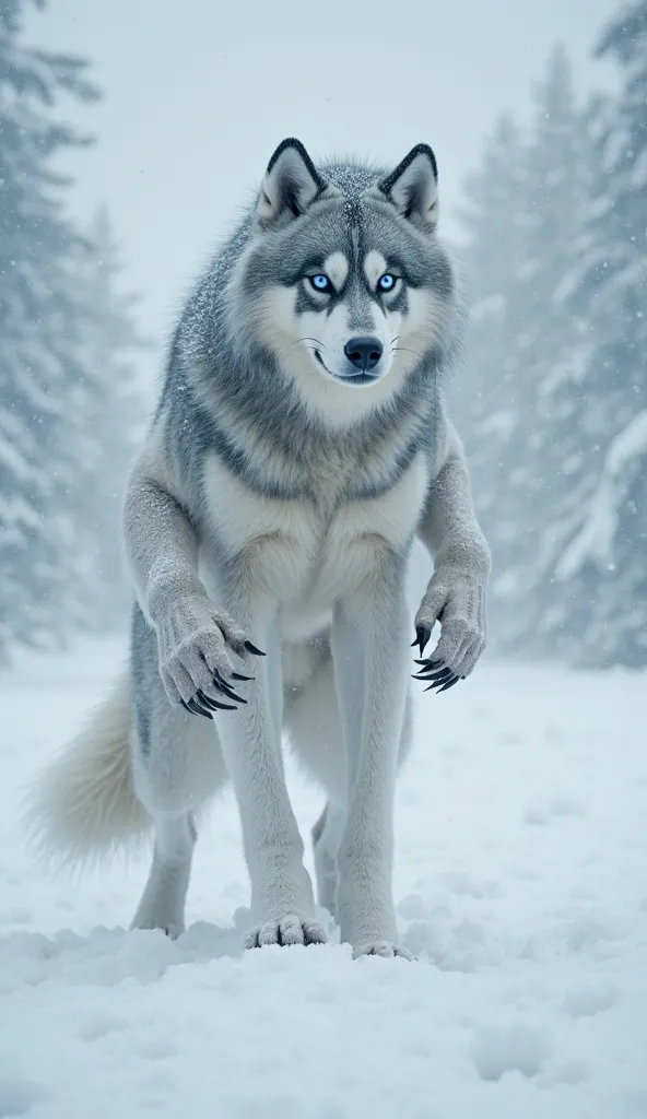 "A realistic, high-definition depiction of an anthropomorphic Siberian Husky-human hybrid standing in the heart of the snowstorm, its towering form blending into the whiteout. Its humanoid body is powerful yet lean, its thick winter coat of fur rippling wi...