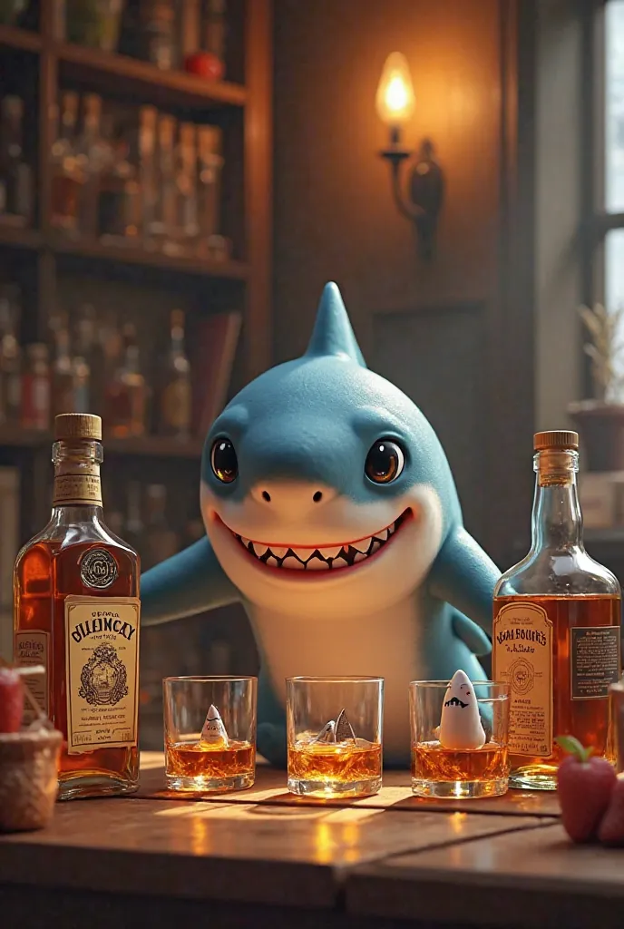 A cute shark surrounded by whiskey