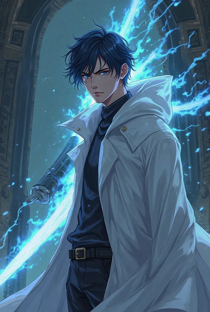 Art Style : Anime
Wave black hair 
Blue dark eyes
Stern face
20 year old
 man
White llim rench coat
Hold a sword that emits an enormous aura
Background : Underworld 