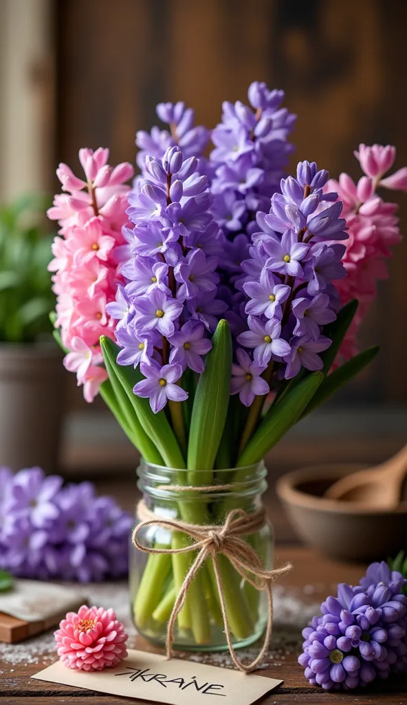 Make an opening greeting to mom on March 8 with colorful flowers of hyacinths in Ukrainian