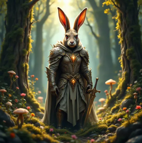 A hyper-realistic depiction of an imposing warrior rabbit in an enchanted forest. The rabbit stands tall and confident, exuding strength and grace. Its fur is soft yet meticulously detailed, with subtle natural patterns that highlight its majestic presence...