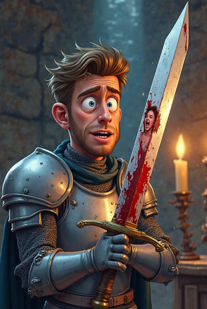 In cartoon knight got back shot of sword and bleeding from his wound.He look surprise the mirror picture of his wife in blade of sword