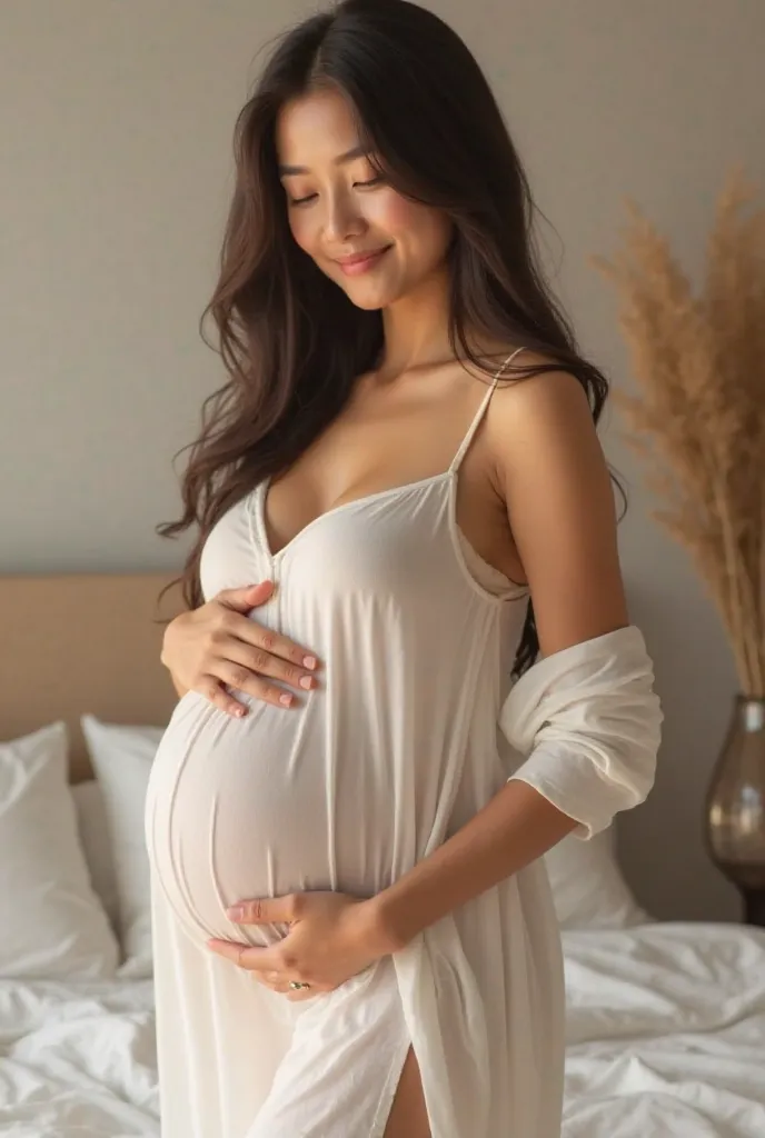 sexy 9 months asian pregnant woman, wearing sexy white lounge maternity, standing, hands on belly, Long Hair, Smile, 