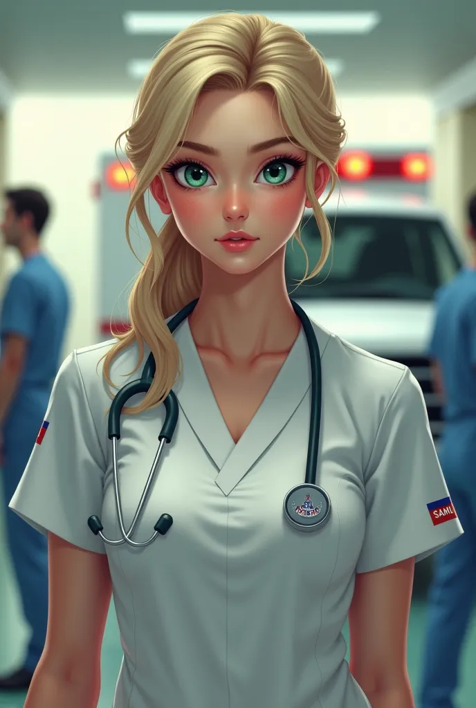 A woman, blonde, light green eyes, ambulance in a hospital environment, with Samu, dressed as a nurse