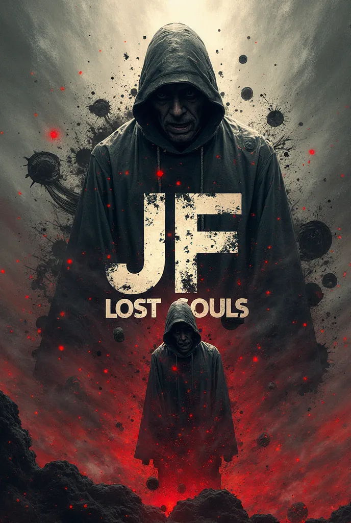 Create me an electronic music cover with the word Lost Souls, It has to include the lyrics JF, It has to look realistic and aggressive in Hardcore style, giving the feeling of being on a stage given a hardcore festival