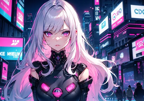 Her lips approach, a breathtaking close-up . Her mouth is slightly shining, and futuristic digital lipstick floats softly. Her hair is silver-pink, and there are cyberpunk-style lines around her eyes. A small neon city is reflected in her eyes, and the cit...