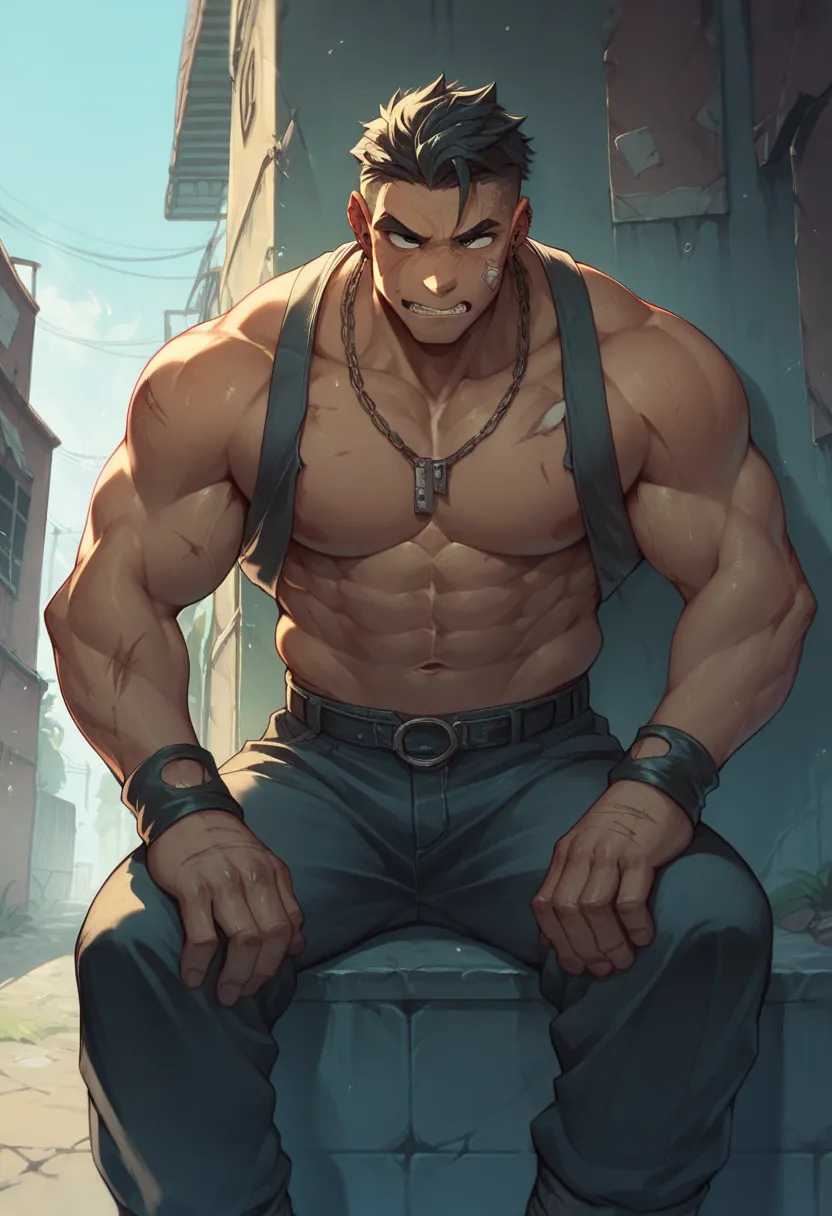 big, strong, A macho cyborg　big strong pectoral muscle cyborg　strong体を持つサイボーグ　is sitting in a favela in the back alley