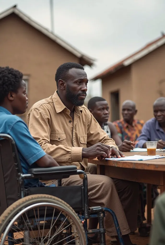 A realistic image of a Black African man with a disability, sitting in a wheelchair, actively participating in a community meeting. He is seated at a table with other village leaders, who are discussing a local development project. The man is engaged, hold...