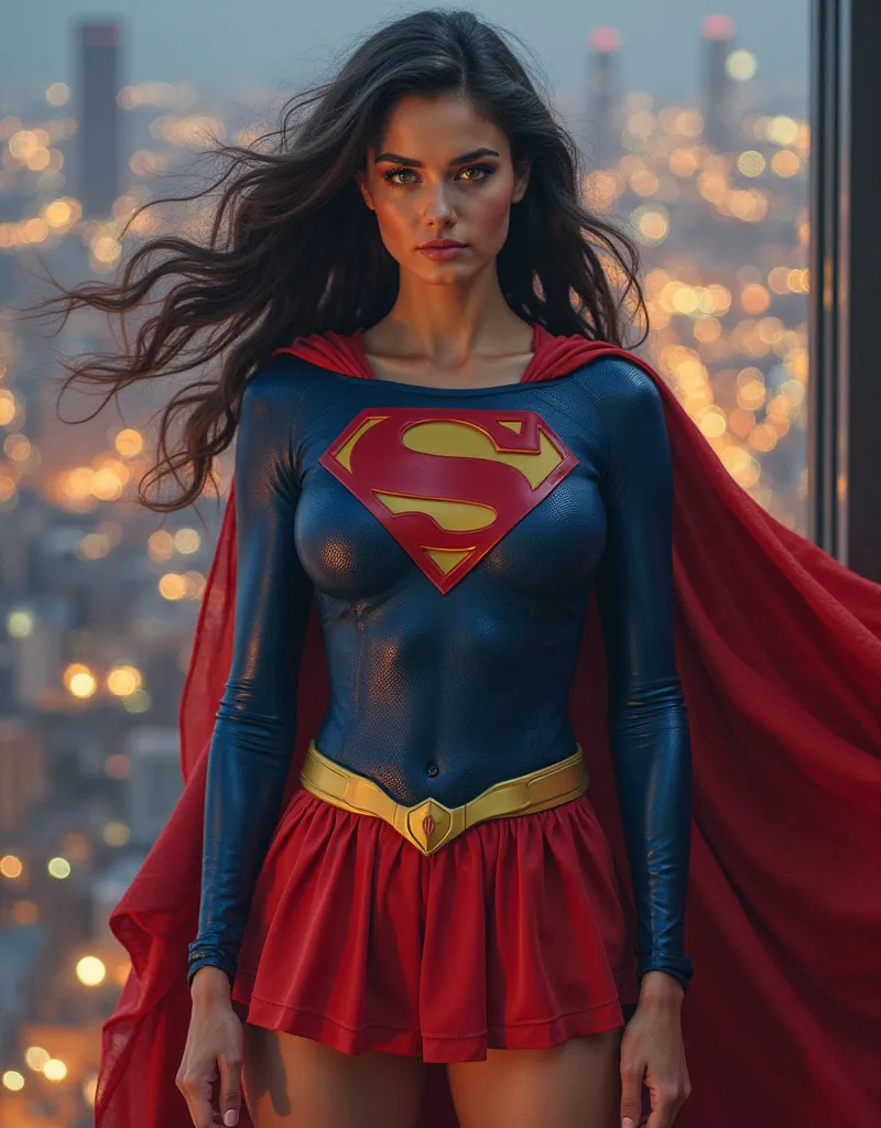 (((Superheroine woman, dressed in ((( very red short skirt,  yellow metal belt , blue super man suit with the letter S on her chest, with a fluttering red cloak))))huge breasts,  Masterpiece , сверхдетализированные обои CG Unity 8K, best quality, cinematic...