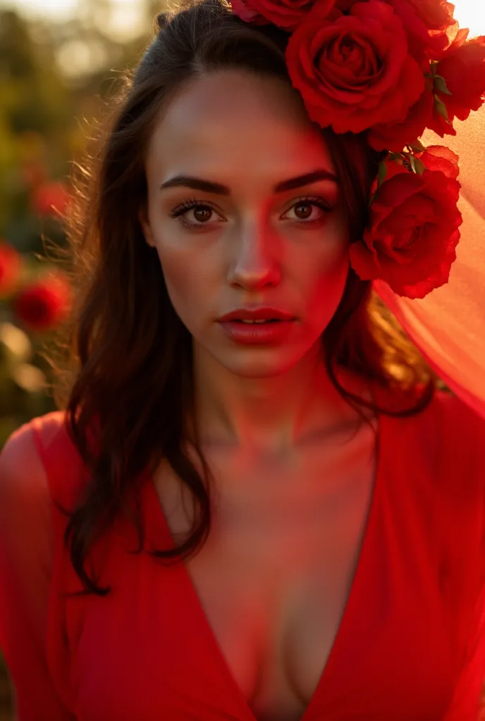 Cinematic portrait, breathtaking young woman in a flowing, semi-transparent red gown (V-neckline, off-shoulders), enveloped by a cascade of deep crimson roses that partially obscure her face. Her piercing gaze radiates seductive intensity, lips slightly pa...