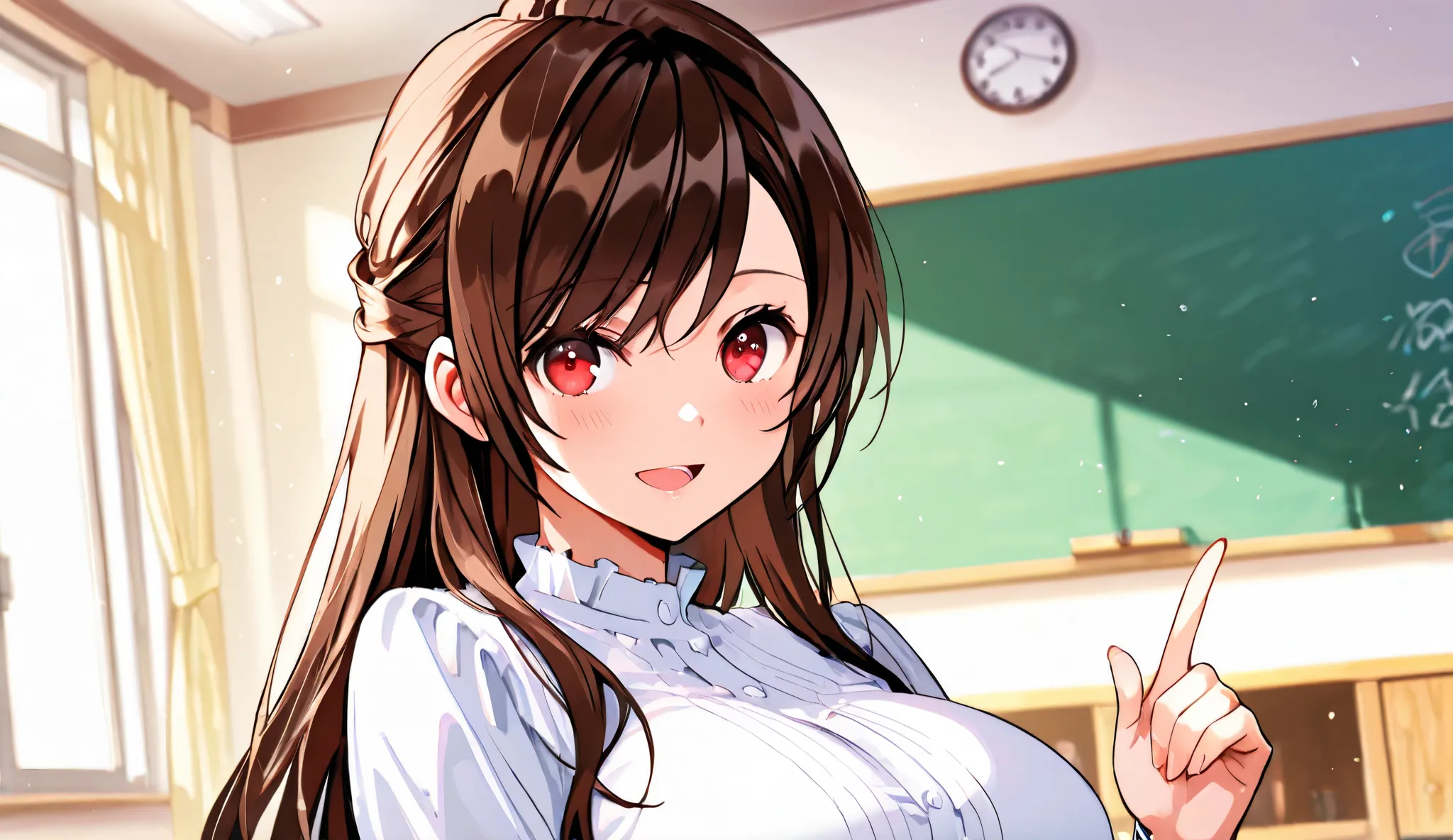 masterpiece, best quality, score_9, score_8_up, (High Resolution), (More Details), (8K), Aesthetic style, soft anime, highly detailed faces, one girl, solo, swept bangs, straight hair, half updo, long hair, brown hair, big breasts, crimson eyes, light blus...