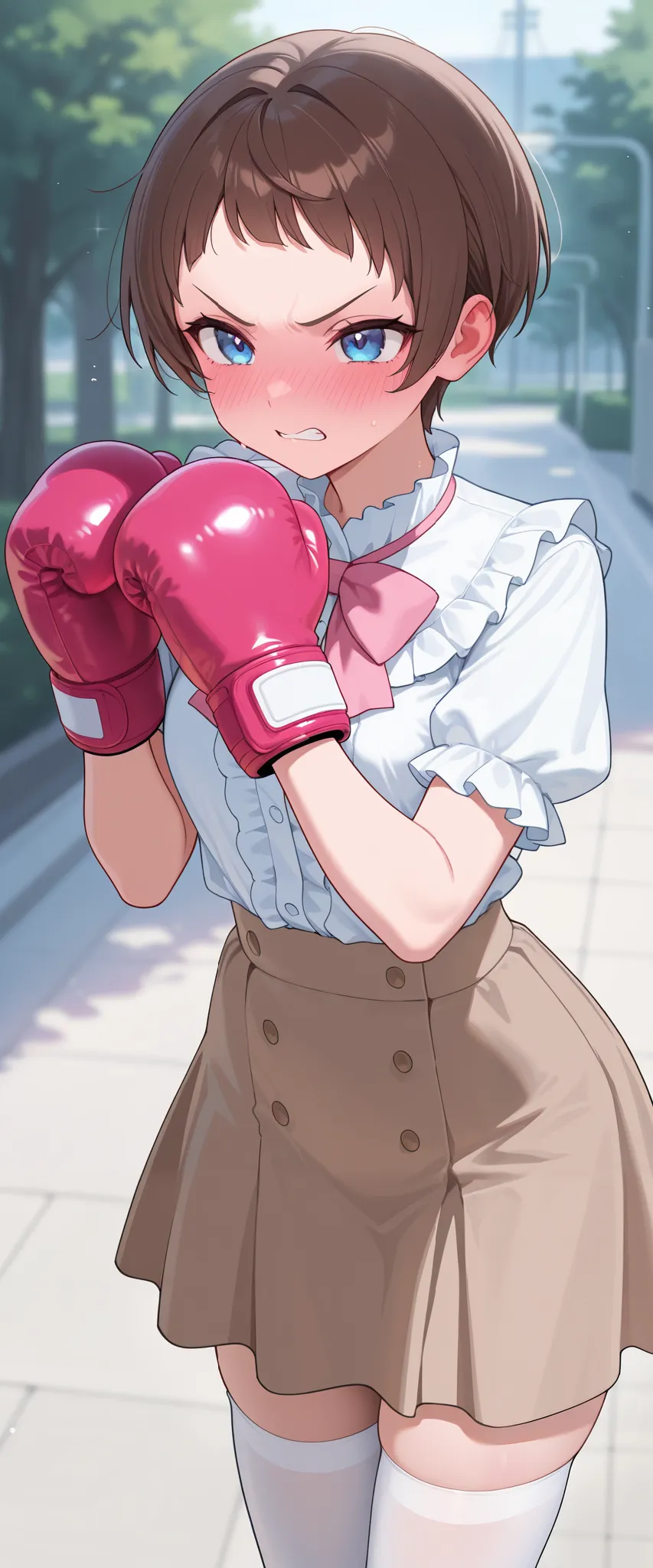 masterpiece, best quality, highres, newest, 1girl, bow cut hairstyle, brown hair, very short hair, (short bangs:13) blue eyes, white button up shirt, short sleeves, pink bowtie, ruffle shirt, brown skirt,white Stockings, (blushing:13)  (mad:13) (raging fac...