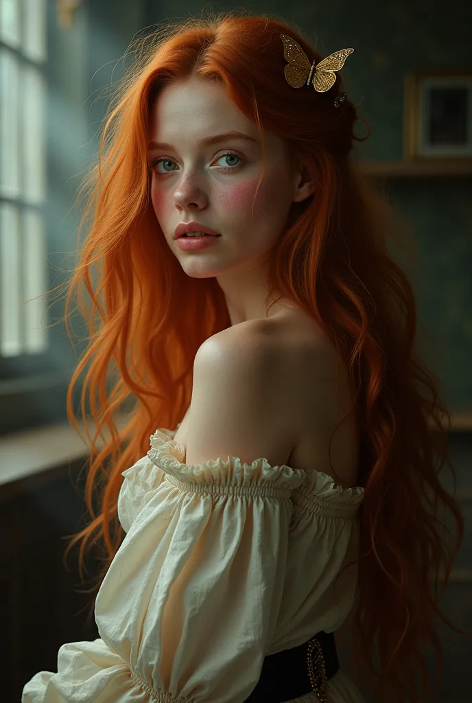 (solo, full body photo:1.3), (action packed:1.3), (haze, fog, mist:1.3), chiaroscuro, best quality, photorealistic, 1woman, (cute), (24yo:1.2), redhead, long ginger hair highly detailed, 1700'S, digital photography, art by artgerm and ruan jia and greg rut...