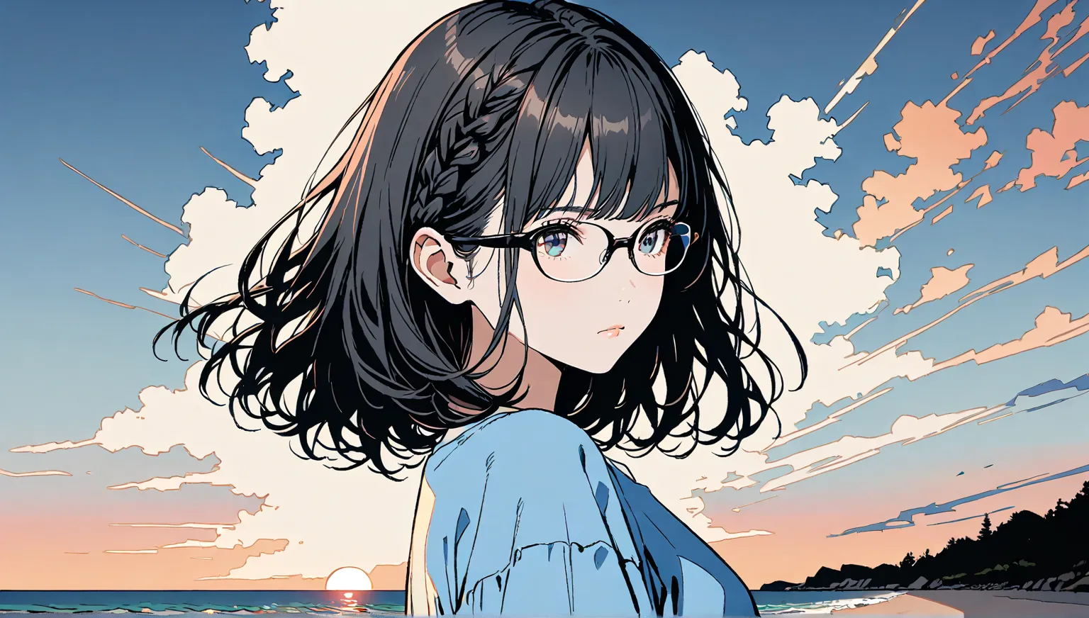 ((cloud))、((alone)),((Seaside in the evening)),wind、((Front View)),(()),expressionless,((black hair braid long hairstyle)),(((black rimmed glasses))),masterpiece, Highest quality, Beautiful attention to detail, Very detailed, In detail, High resolution, ((...