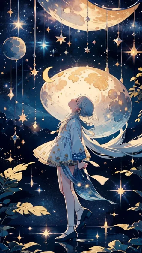   Best wishes 、  Looking up at the moon  、、 float the  crescent moon in the sky、 moon swing expanding space between legs  、  best quality、masterpiece、   Official Art、   very detailed、32K、Full HD、CG、   high image quality )))、    Best Combinations    、 golde...