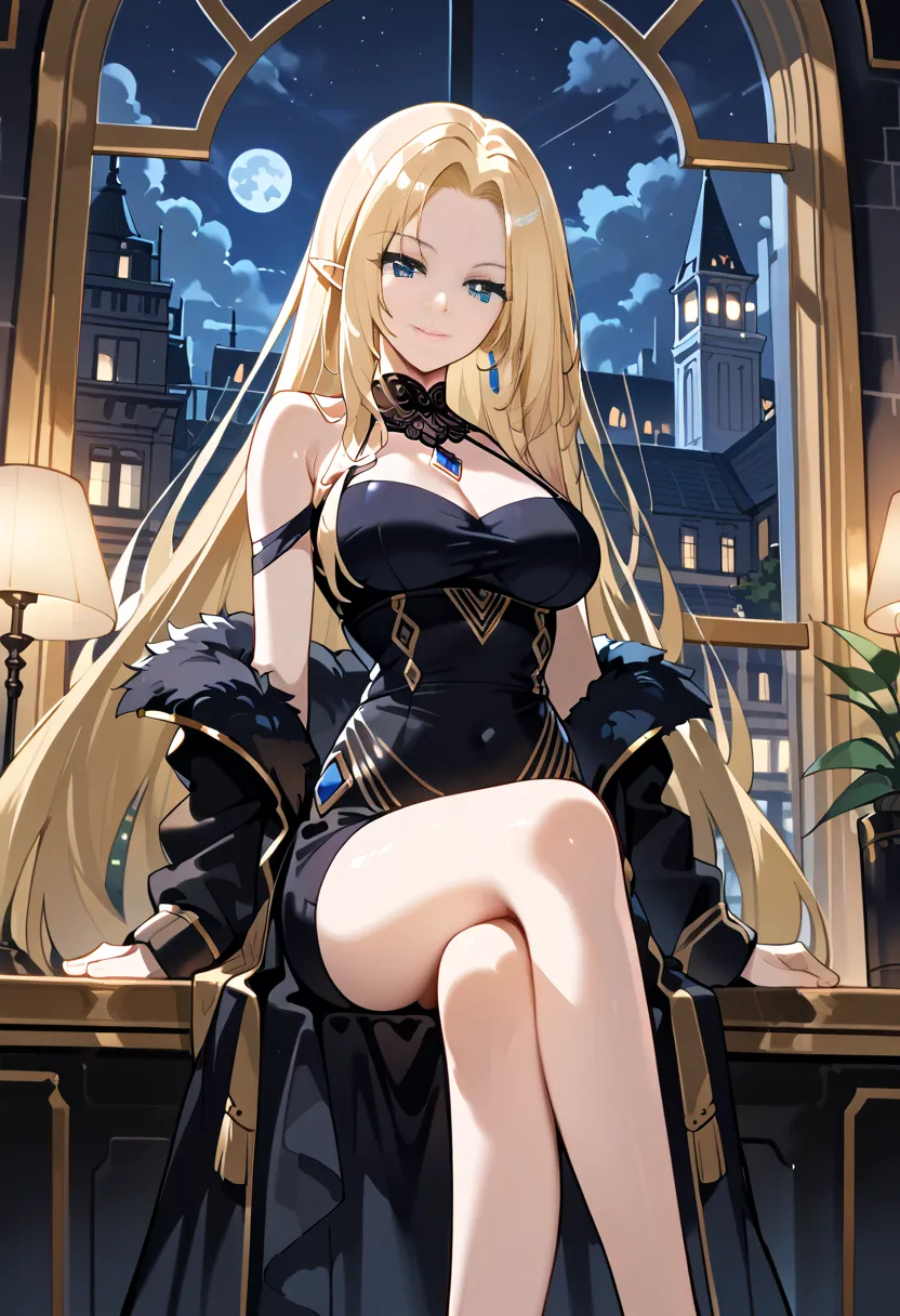 masterpiece, highres, best quality, amazing quality, 8k, hyper-detailed, high quality, highly detailed, newest, very aesthetic, absolutely, score_9, score_8_up,score_7_up,source_anime,Alpha_Eminence, 1girl, solo, short black dress, crossed legs, sitting, c...