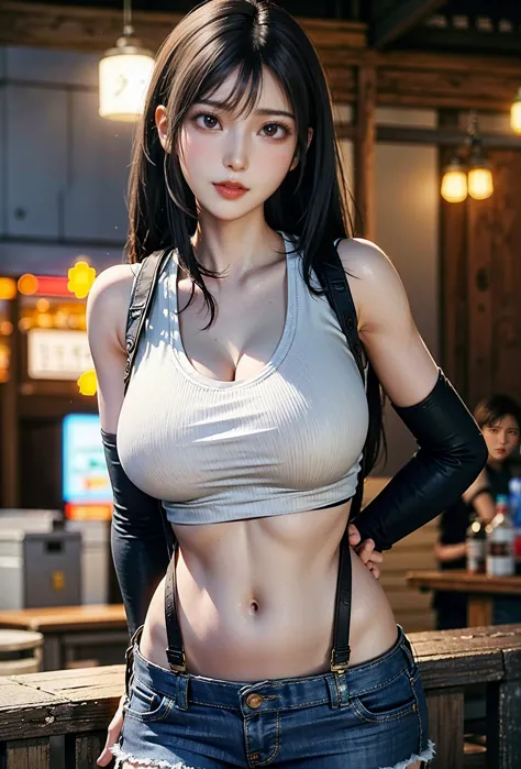 (, blush, 20yo, narrow eyes) (Photorealistic: 1.4), Solo, Top Quality, Very Delicate and Beautiful, High Definition, 1girl, tifa_lockhart, Smile, Cowboy Shot, Suspenders, Low Rise, Mini Skirt, white Tank Top, Tense Shirt, Black Hair, Long Hair, Elbow Glove...