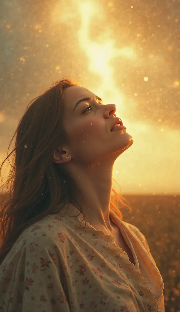 A woman with tears in her eyes looking up at the sky, as a ray of golden light descends upon her. Her expression changes from sadness to hope.”