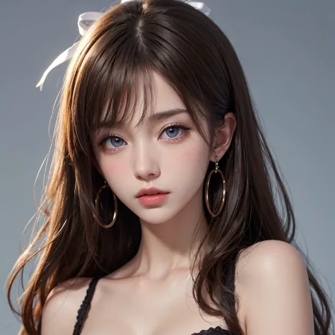 1girl, Solo, Long Hair, High Resolution, Breasts, Looking at viewer, Blush, Brown Hair, Blue eyes, Simple background, Ribbon, Hair Between Eyes, Very Long Hair, Parted Lips, Earrings, High Resolution, Masterpiece, Anatomically Correct, Accurate, Award Winn...