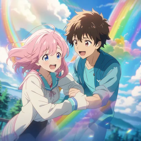 With you I'm Home,anime style, high quality, detailed anime character, young woman and young man together, excited expression, floating together in the beautiful sky, rainbow, cinematic composition, vibrant colors, 4k