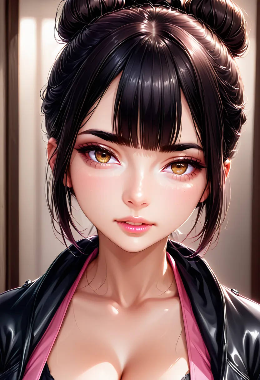 realistic, perfect face, black hair, (top knot hair), hime cut hair, black eyebrows, thin eyebrows, brown eyes, black eyeliners, nose, normal lips, pink lips, beautiful face, collarbone, cleavage, medium breasts, black jacket, ((look at viewer))