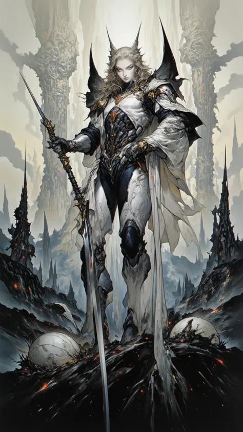 full body, Female Knight，fear ，sci-fi，future，armor，sexy，long golden hair，Wayne Reynolds draws，in a highly detailed and dynamic style, 