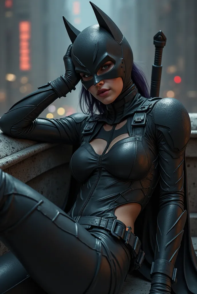 A female character inspired by Batman, wearing a dark tactical suit with matte black and gray details. Her suit is practical and armored, covering her entire body without revealing skin. She wears a bat-shaped mask partially covering her face, revealing on...