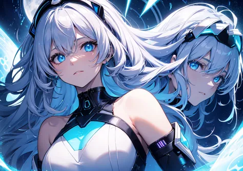 A mysterious close-up showing only the left half of her face . There is a holographic crescent mark on her skin, and her eyes shine with nanotechnology. Her silver hair flows softly, and her neon blue head accessory emits light. In the background is a giga...