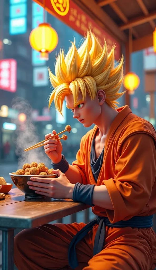 Ultra-realistic 3D full-body rendering of Goku from Dragon Ball, sits in a roadside diner, enjoys a bowl of hot meatballs with chopsticks. Wearing iconic orange gi with futuristic touch — luminous neon accents and metallic textures. Golden Super Saiyan hai...