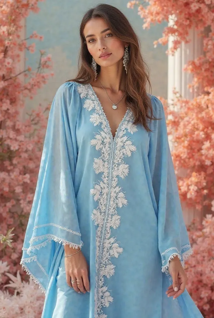 Here’s a professional prompt for your image, describing the outfit for a global fashion magazine advertisement:

"A stunning model gracefully poses in an elegant sky-blue kaftan, adorned with intricate white lace embroidery running symmetrically down the f...