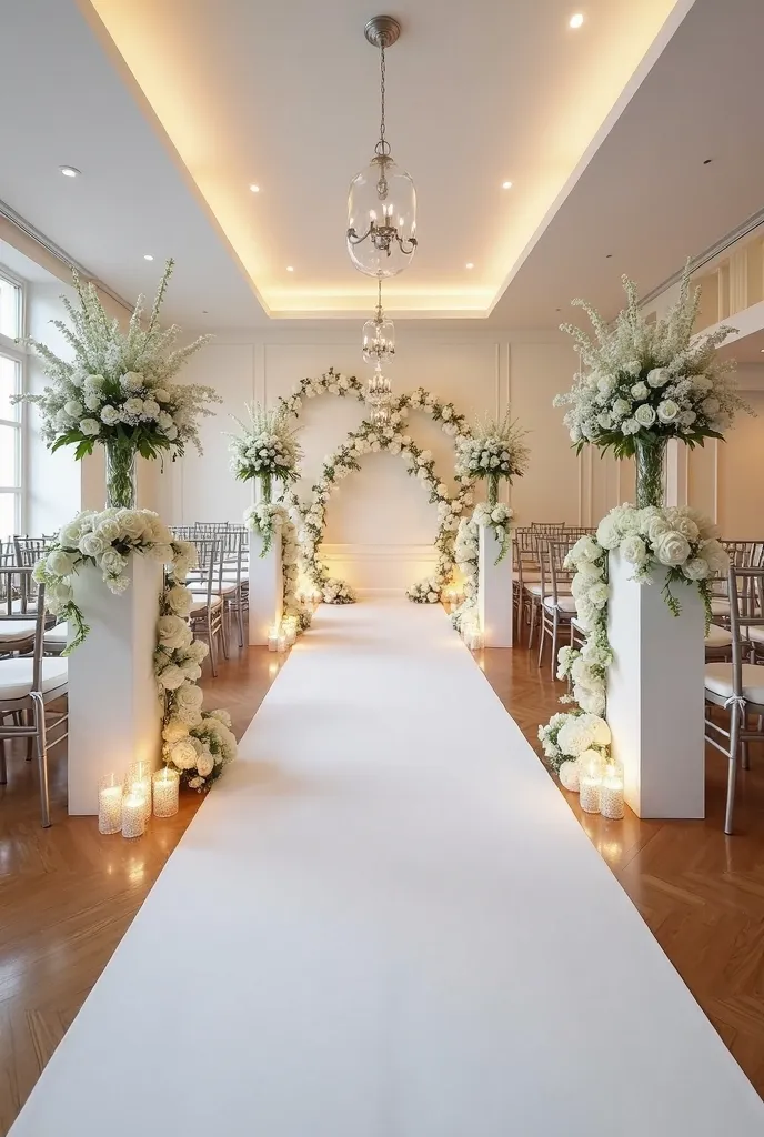 Dans une salle des fêtes au mur blanc , un tapis blanc en longueur pour créer une allée avec 3 colonnes de 90 cm ornées de fleurs de chaque côté  a espace identique. Au bout de l'allée une estrade de 30 cm de hauteur sur laquelle un rideau blanc de 3 m de ...