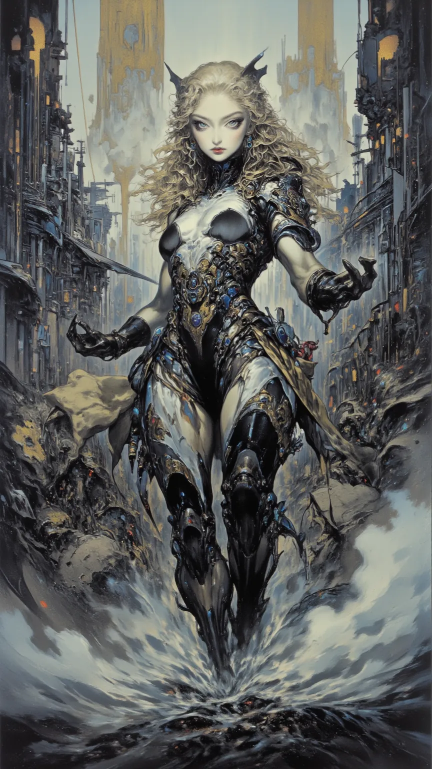 full body, Female Knight，fear ，sci-fi，future，armor，sexy，long golden hair，Wayne Reynolds draws，in a highly detailed and dynamic style, 