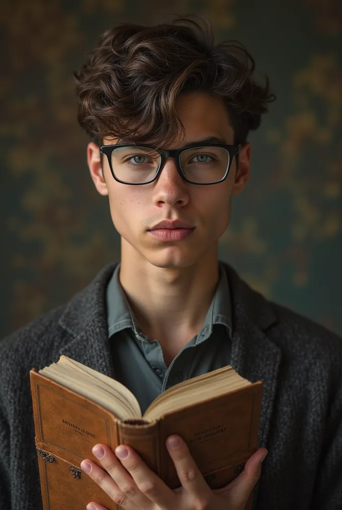 An intelligent 18-year-old boy with rectangular black glasses, but make him look like a Greek philosopher, his facial expression serious, his voice stern when viewed from a distance, an old book in his hand, his gaze stern