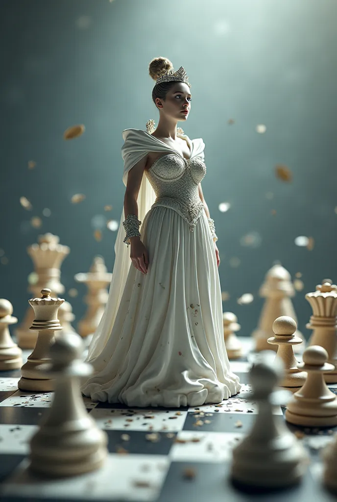 A chess board the queen of white are out of the board that's makes the game hard