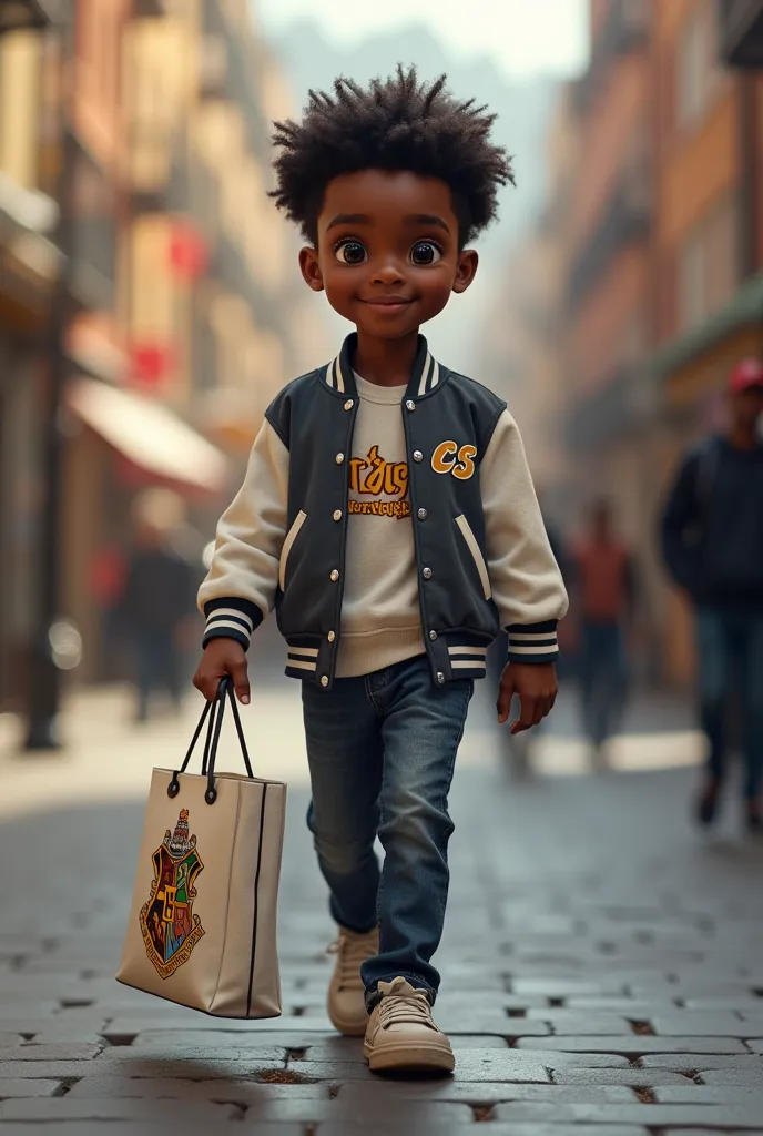 An african  boy wearing a grey and white varsity jacket that’s say “cis “ on the chest. Make him walk outside holding a white tote bag with hog warts logo on the bag.