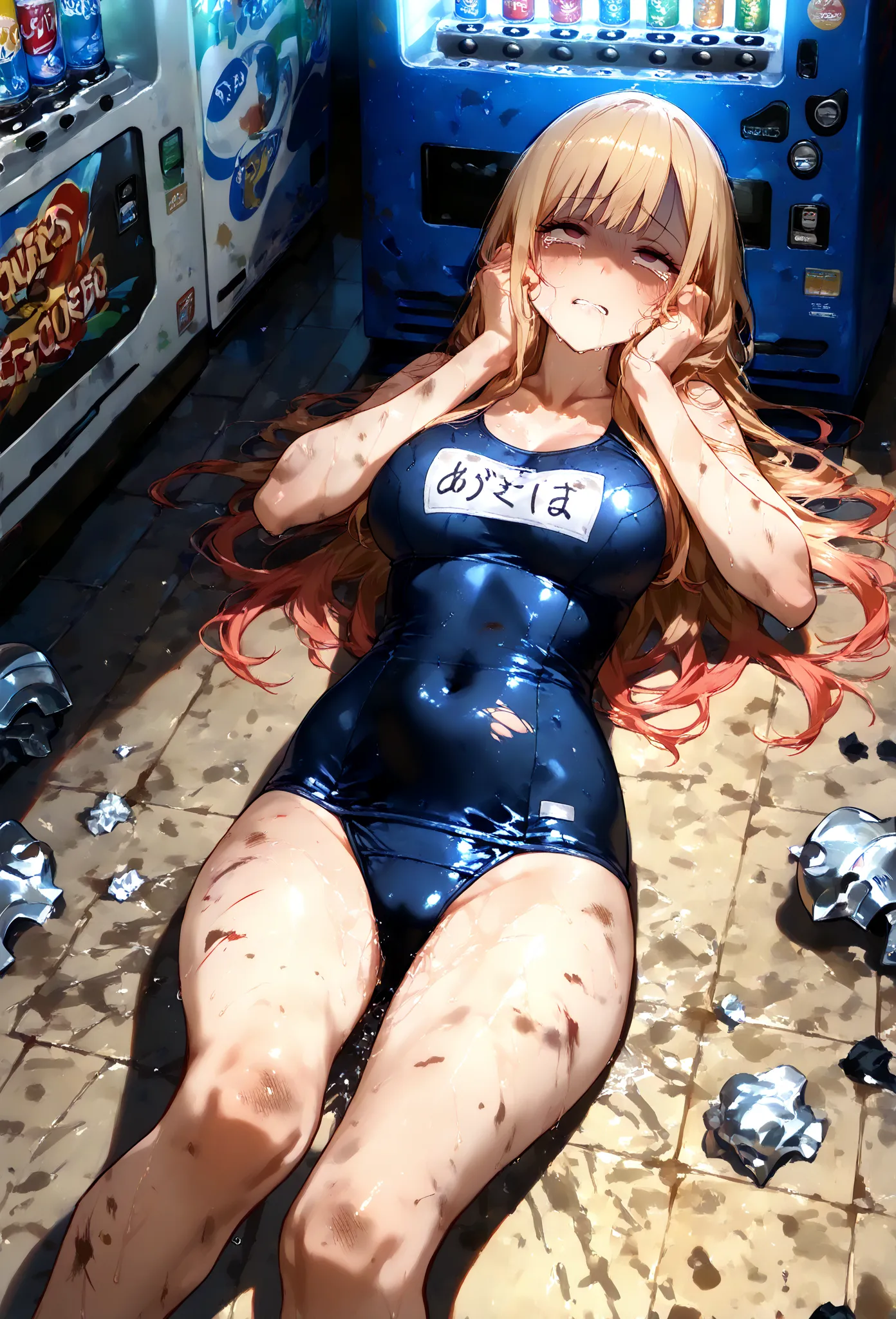 A girl is lying unconscious on her back.score_9score_8_up,score_7_up,source_Anime,Animated Illustrations,  - is it alive or dead ,between,The whole body gets wet,Being grabbed by the neck,best quality,Rape Eyes,Wet your crotch,being thrown in the trash  ,F...