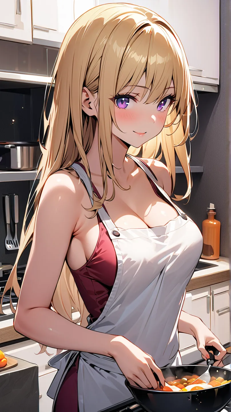 1 girl, alone, solo,
((Top Quality、High Resolution、 highly detailed 8k wallpaper))

purple eyes, long hair,blonde hair,medium boobs, Adult women ,mature,

A high school girl in plain clothes is cooking in the kitchen。 apron in a corner of the sky 、A warm h...