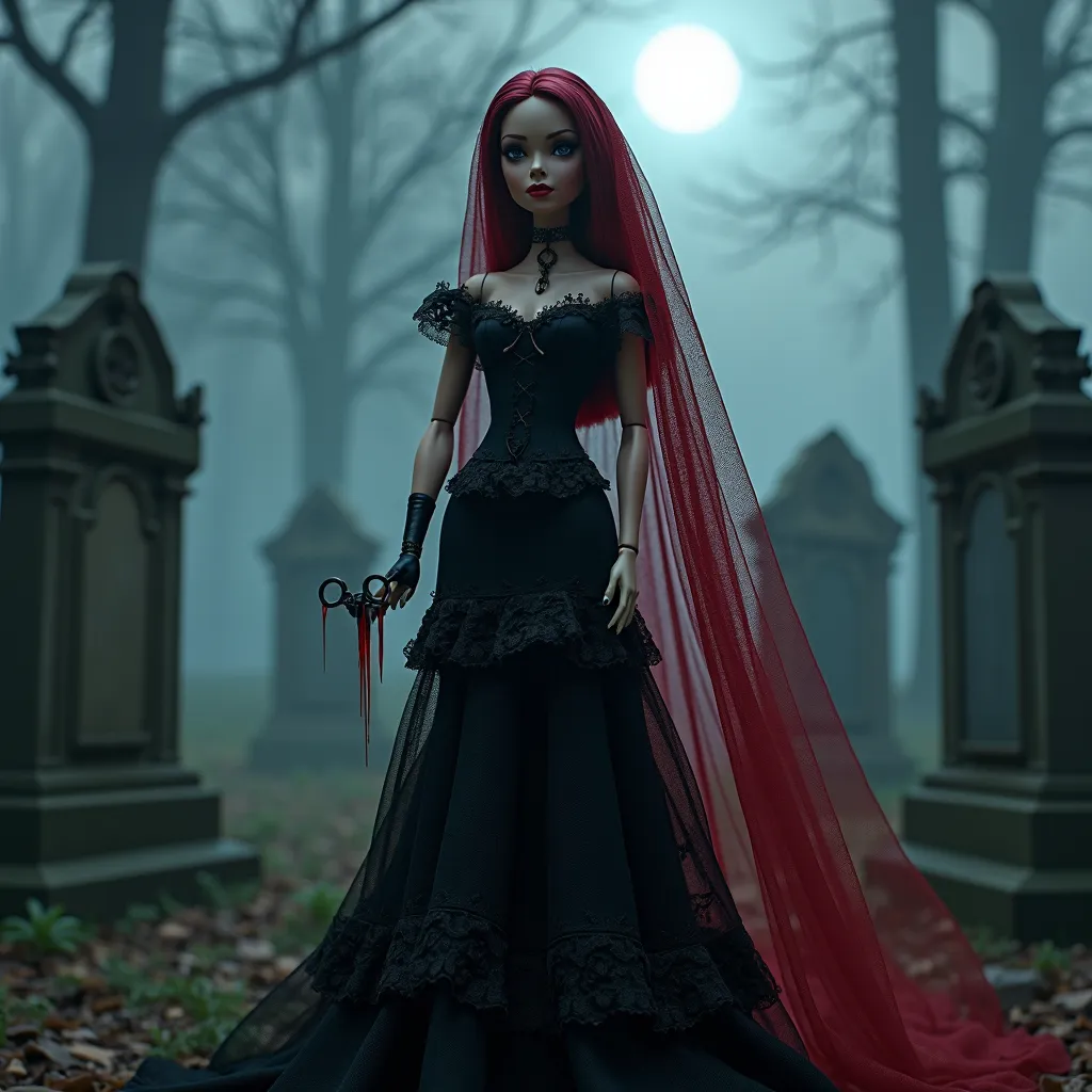 "A dark and gothic Barbie stands out in a cemetery shrouded in mist at night. She wears a long black dress detailed with delicate lace, and a red lace veil falls over her shoulders, creating a mysterious contrast. Your gaze is intense,  and in her delicate...