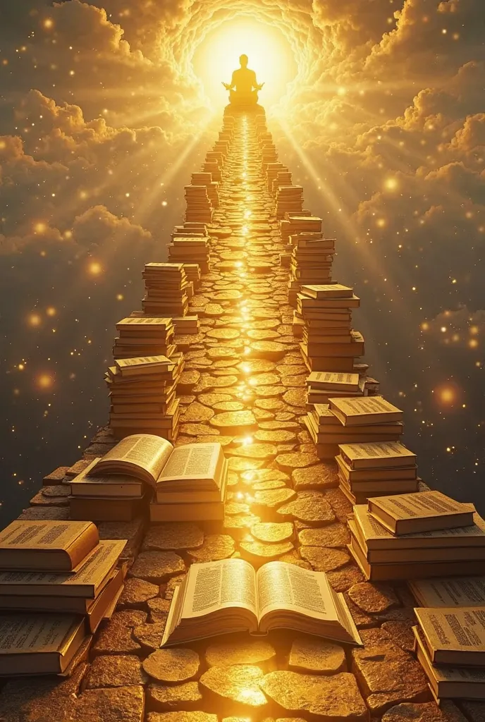 An infinite golden road, made of books and mental blocks, leading to a brilliant horizon where a golden throne floats in the sky. The light reflects symbols of wisdom and power, creating a mystical and motivational atmosphere.Realistic image  