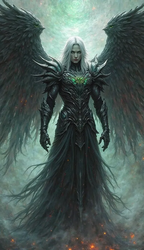 A blend of Sephiroth from Final Fantasy VII and a dark angel, featuring black feathered wings and ethereal armor.