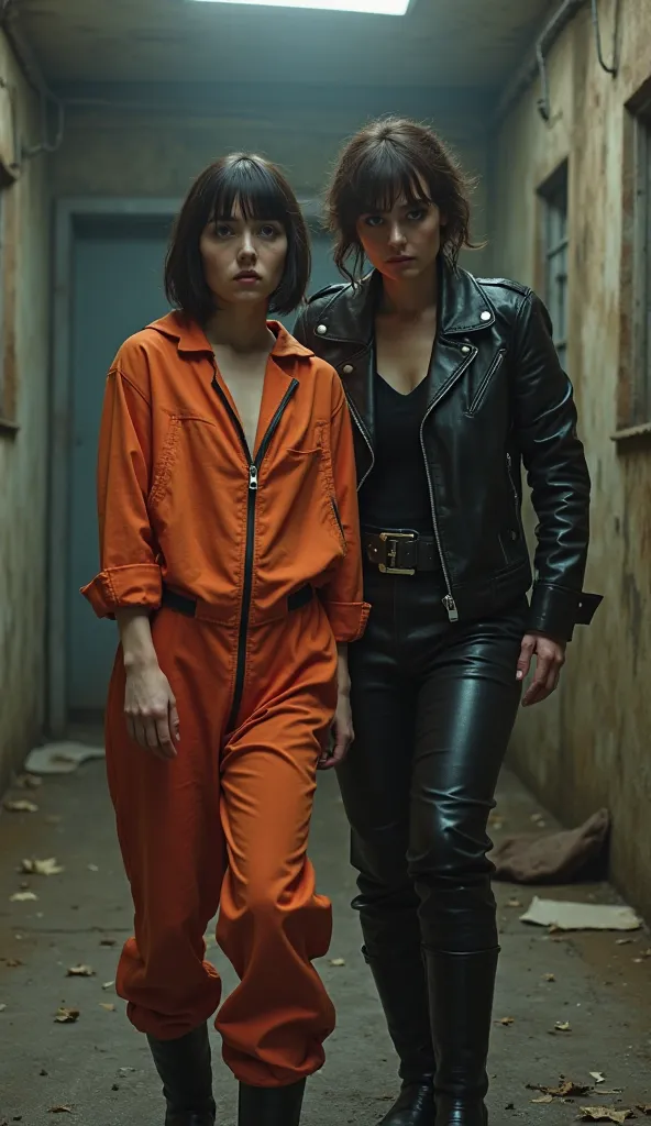 A French woman with short hair and fringe haircut, in slavery. A police woman in leather is arresting her. She's wearing a zipped  orange prison jumpsuit, black Hunter rubber boots. Fullbody veiw