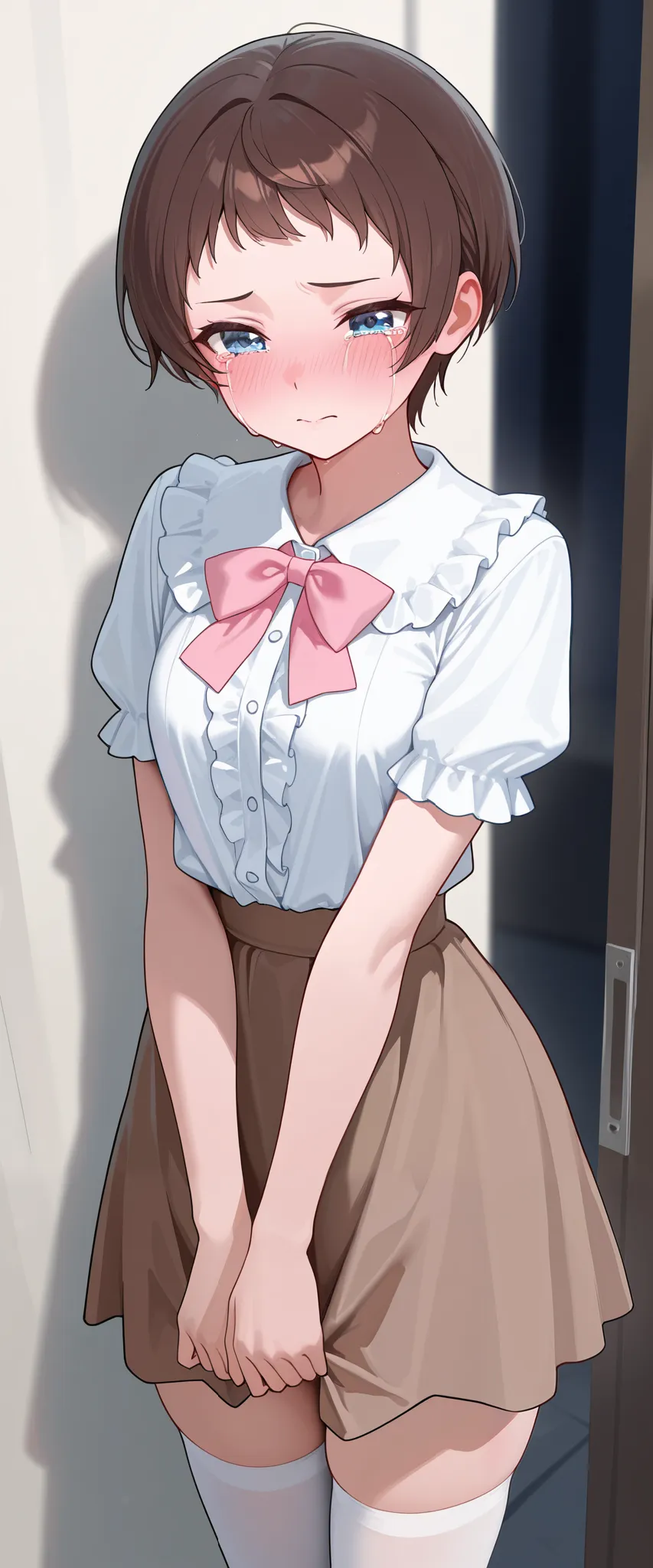 masterpiece, best quality, highres, newest, 1girl, bow cut hairstyle, brown hair, very short hair, (short bangs:13) blue eyes, white button up shirt, short sleeves, pink bowtie, ruffle shirt, brown skirt,white Stockings, (blushing:13)  (sad:13) (sad face:1...