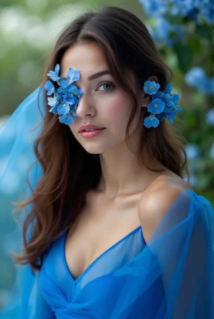 Cinematic portrait, breathtaking young woman adorned in a flowing, semi-transparent sapphire-blue silk gown (V-neckline, off-shoulders). Delicate blue hydrangea petals veil part of her face, accentuating her icy yet magnetic gaze. Soft morning light caress...