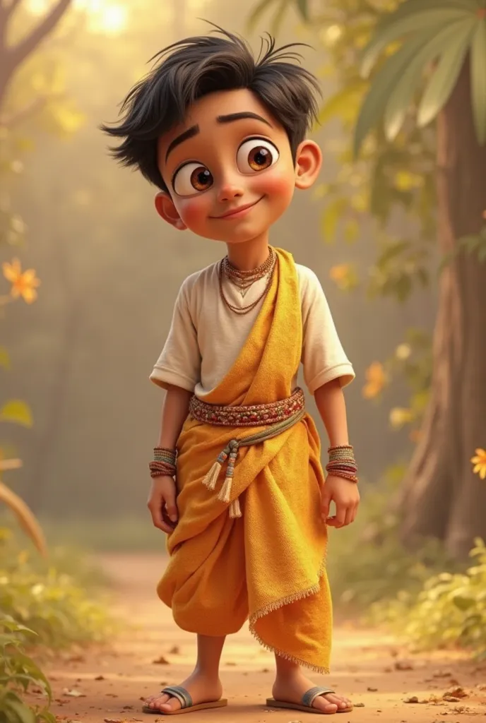 ((Disney Pixar Cartoon)), ((best quality)) create a boy from rural area of Assam , India. He puts on a dhoti made with golden silk of Assam , a half sleeve white top with a waist coat over it made of Assam golden silk.  Give a touch of Assamese gamusa desi...