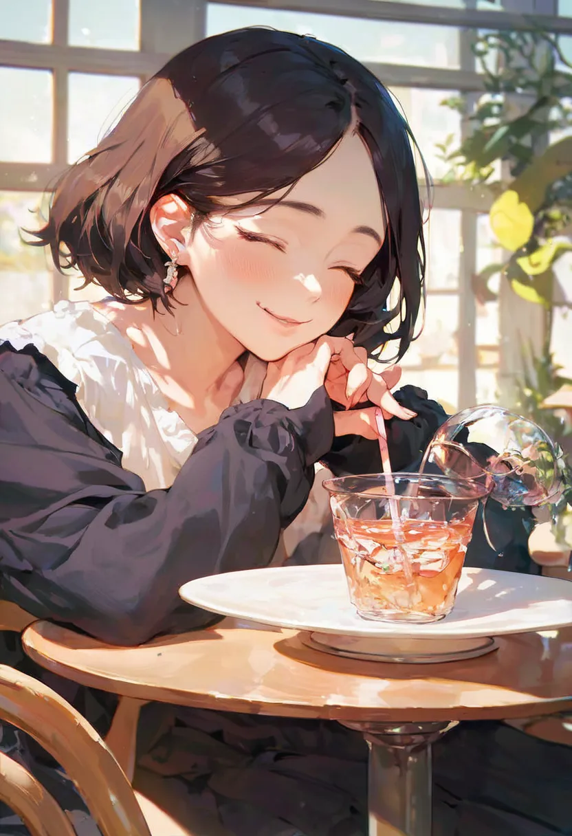 score_9, score_8_up, score_7_up,  source_anime, Ariana, Girl drinking tea sitting behind a table by the window, , happy、closed eyes, Awkward,  drink a drink with a straw、Left facing、