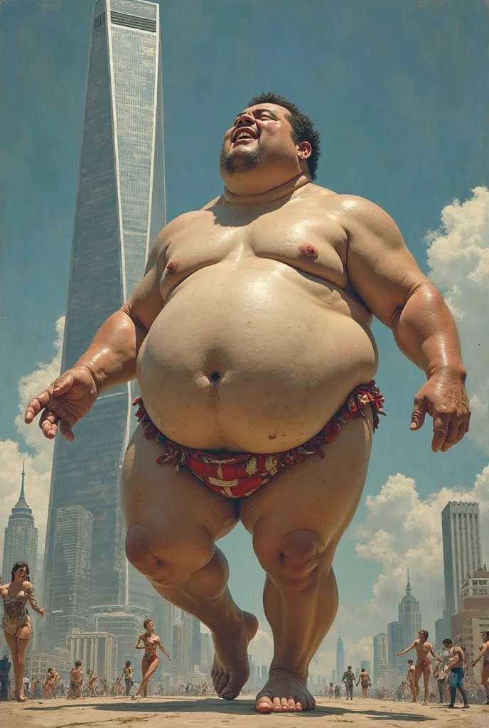 A fat man the size of a skyscraper naked dances a streptiz with a skyscraper 