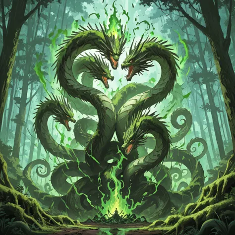 large hydra creature with many heads.
green magic aura, trees and moss growing.
green colour scheme.