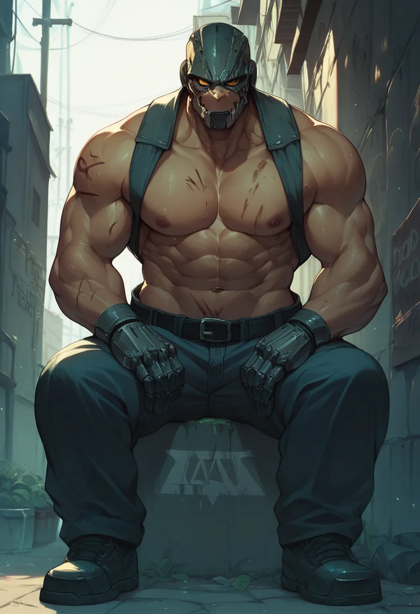 big, strong, A macho cyborg　big strong pectoral muscle cyborg　strong体を持つサイボーグ　is sitting in a favela in the back alley