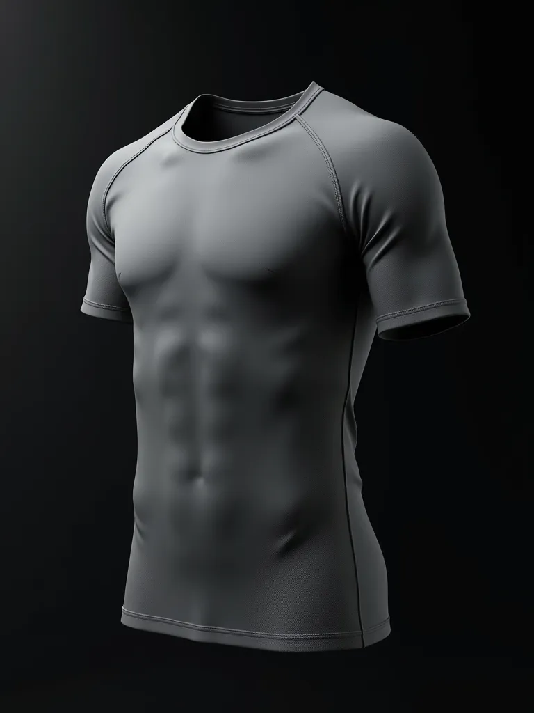 "Generate a realistic digital image of a grey athletic T-shirt viewed from the back. The T-shirt should have a modern, form-fitting design with short sleeves and raglan stitching for a sporty appearance. The fabric should have a subtle texture, possibly me...