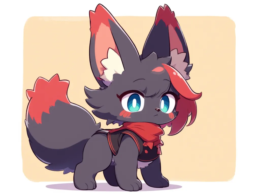 An anthropomorphic Zorua of short stature, with a slender and, but extremely expressive. Its fur is soft and well-groomed, with dark gray tones and details vibrant reddish, , especially at the tip of your tail and the locks of hair that fall gently over yo...